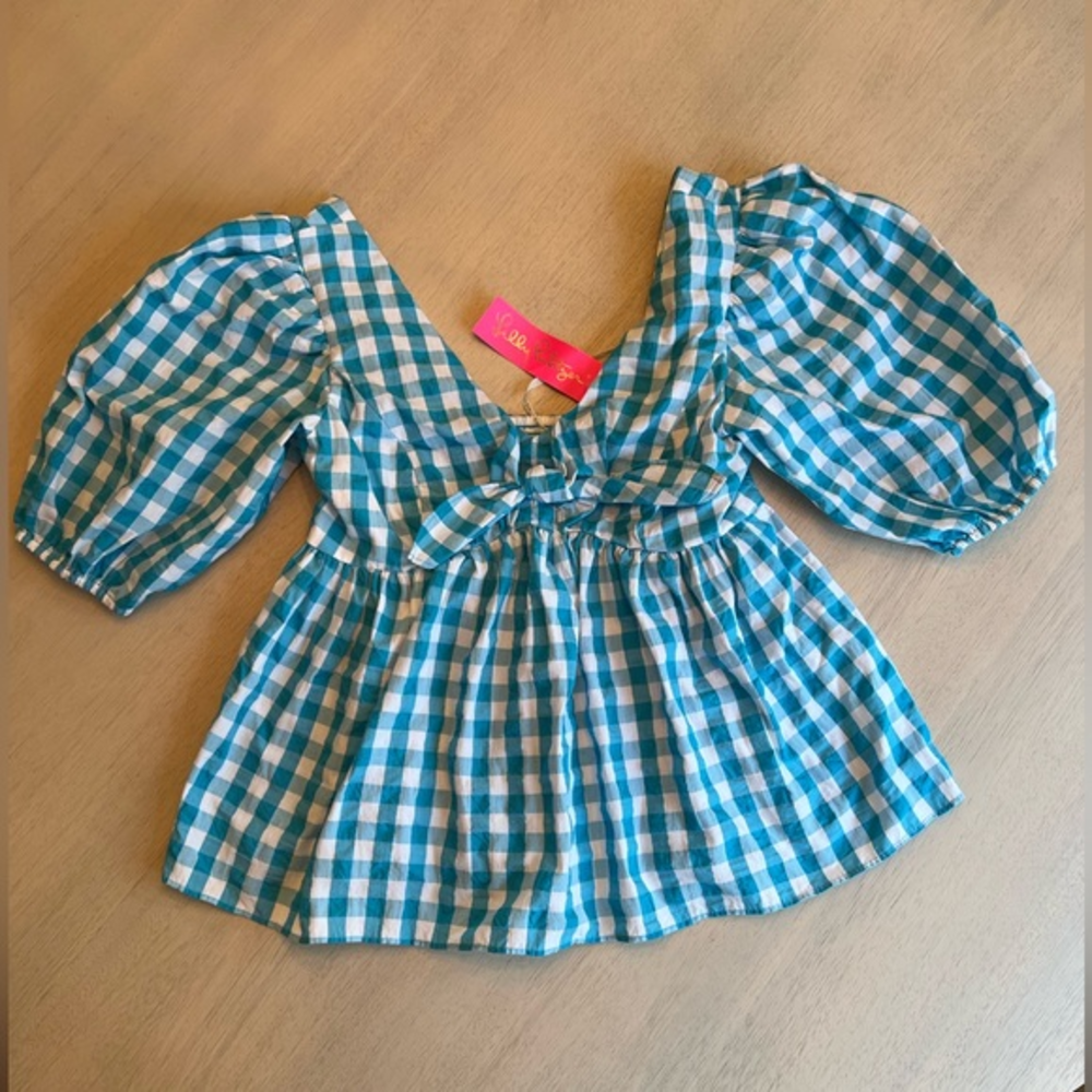 Lilly Pulitzer Teal & White Gingham Puff-Sleeve Top